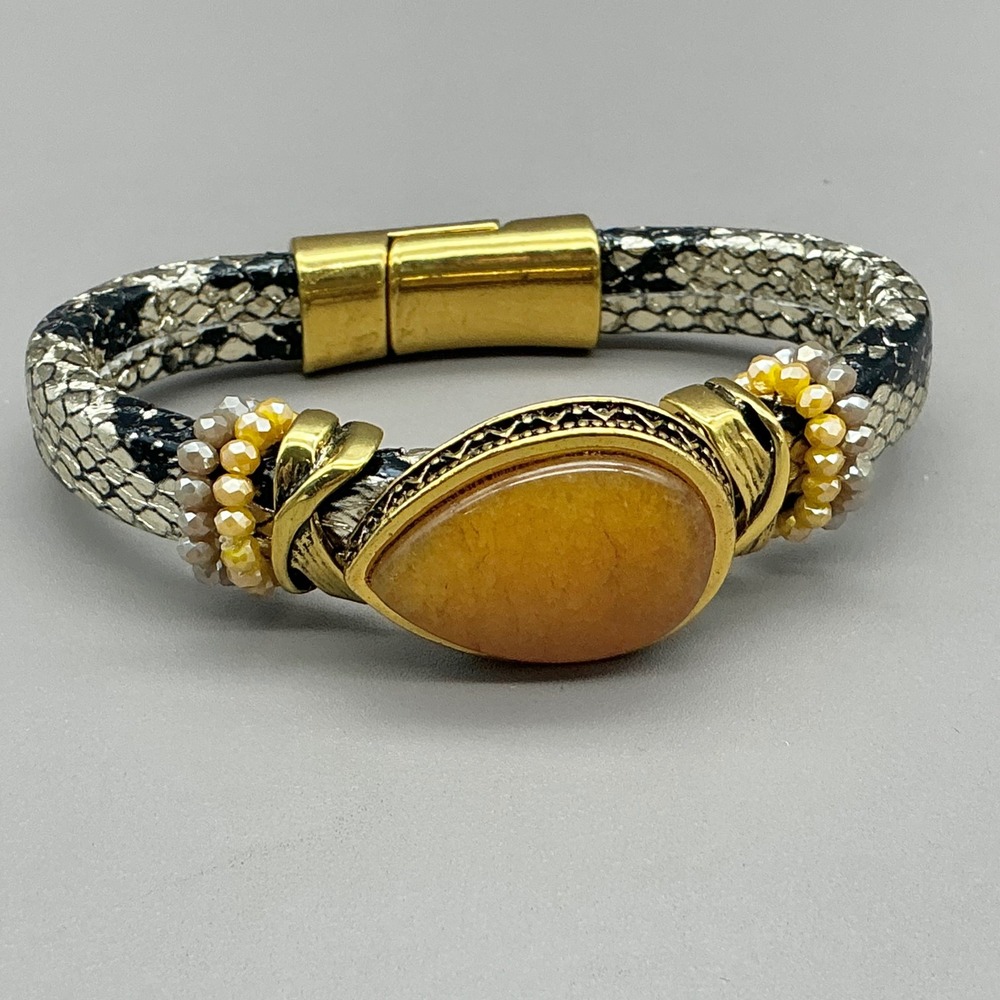 Laura Janelle Bracelet Women Gray Faux Snakeskin Yellow Stone Magnetic Clasp